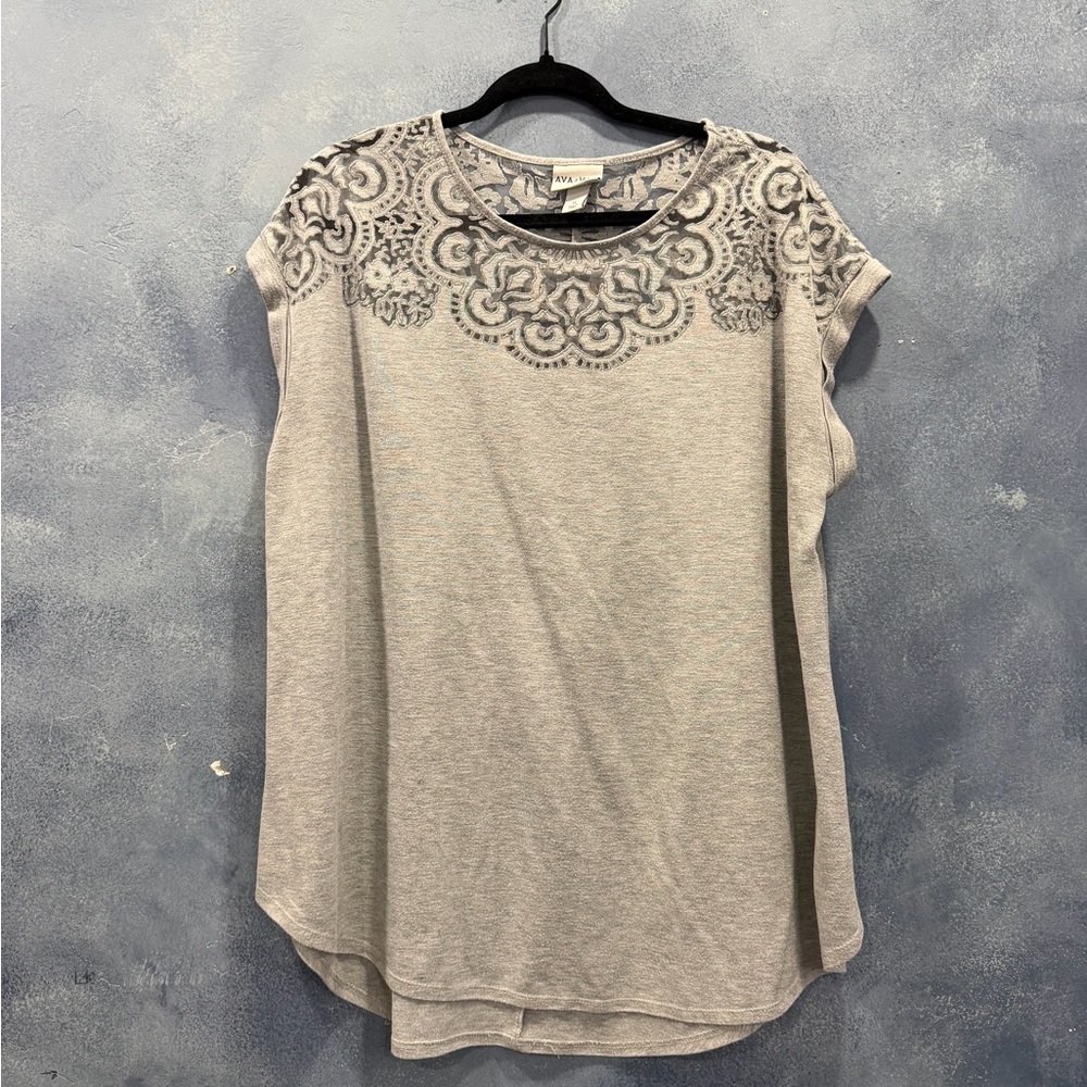 Ava & Viv Light Gray Lace Yoke Blouse 1X